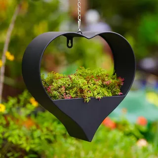 Yeomoo Metall Herzform Blumentopf Hängend Gartendeko für Draußen - Schwarz Pflanzkübel Deko für Garten Balkon Draussen Pflanzentopf Deko Wohnzimmer Hängetopf Geschenke für Frauen Mama Pflanztopf