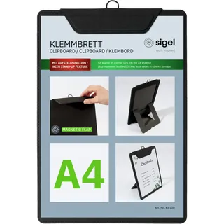 Sigel KB100 Klemmbrett A4 schwarz mit Aufstellfunktion, stabiles, stylisches Clipboard mit edler Leinenstruktur, strapazierfähig und leicht abwischbar, für Speisekarten