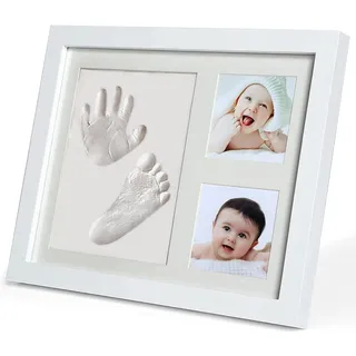 PewinGo Baby Handabdruck und Fußabdruck Set, 100% babysichere Tonmasse, Verbesserter Massivholz Baby-Erinnerungsrahmen, Geschenk zur Babyparty und Weihnachten-Weiß