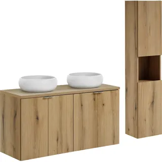 Badmöbelset 120 cm Eiche mit Aufsatzwaschbecken und Standsäule - Braun, Silber