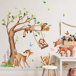 Purekay Wandtattoo Dschungel Tiere Groß Baum Wandaufkleber Hirsch Affe Eichhörnchen Fuchs Waschbär Wandsticker Babyzimmer Kinderzimmer Schlafzimmer Wohnzimmer Wanddeko