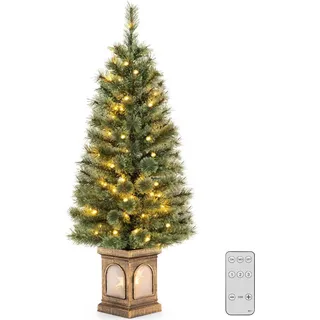 COSTWAY 120 cm künstlicher Weihnachtsbaum mit Beleuchtung, Tannenbaum im Topf, mit warmweißen LED-Lichtern & Timer & 116 PVC Zweigspitzen, Topfbaum für Eingang Haus Büro, Grün - Grün, Gold
