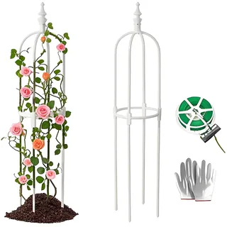 Garden Obelisk Rankhilfe für Kletterpflanzen, 60 90 120 150 180cm witterungsbeständige Metall-Pflanzenstütze mit Kunststoffbeschichtung, Rosen Rankgitter Rankturm für Tomaten Gurken(Weiß,20x90cm)