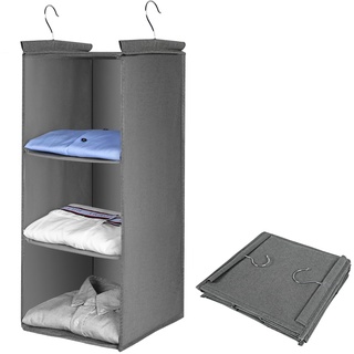 AiQInu Hängeregal Kleiderschrank,Hängeaufbewahrung Schrank Organizer mit 3 Fächern,Faltbar Platzsparend Hängeorganizer Aufbewahrungssystem mit Metallhaken und Bambus-Stock Verstärkt