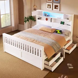 Okwish Doppelbett Funktionsbett 160 x 200 cm Holz weiß