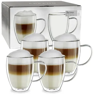 Creano doppelwandiges Thermoglas mit Henkel 250ml, großes Doppelwandglas aus Borosilikatglas, Kaffeegläser, Teegläser, 4er Set