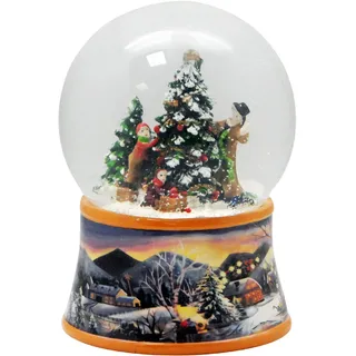 Schneekugel Familie schmückt Weihnachtsbaum auf nostalgische Winterlandschaft Braunton Weihnachten Winter mit Spieluhr - 100mm breit * 20273