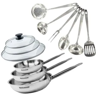 Fackelmann 9440550 Pfannen-Set, 3-teilig, 20, 24 und 28 cm, aus Edelstahl 18/8, 3 Glasdeckel und 6 Küchenutensilien, Pfanne für alle Herdarten, Induktion, Pfanne ohne PFAS, genieteter Griff, Edelstahl