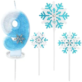Glitzernde Zahlenkerze 9 mit Schneeflocken-Deko –Geburtstagskerze für Mädchen, Kerze 9 Geburtstag Kinder, Kerzen für Kuchen, Blau-weißer 3D-Glitzer & Tropfschutz