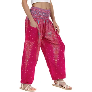 Lofbaz Damen Haremshose Yogahose Pumphose Hippie Hose Boho Kleidung Festival Outfit Sommerhose Leicht Sommer Hosen - Peacock 1 Rosa L