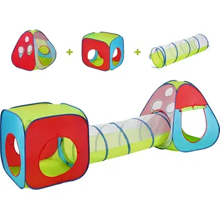 SucceBuy 3-in-1-Spielzelt für Kinder mit Tunnel für Jungen, Mädchen, Babys und Kleinkinder, Pop-Up-Spielhaus für drinnen und draußen mit Tragetasche und Spanngurten als Geburtstagsgeschenk, Rot/Gelb/Blau Mehrfarbig