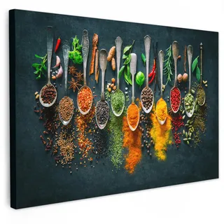 MuchoWow Leinwandbild Kräuter - Gewürze - Löffel XXL 150x100 cm , Currygelb , Textil , Kiefer , Rechteckig , 150x100 cm , FSC 100% , gerahmt , Bilder & Rahmen, Bilder, Leinwandbilder