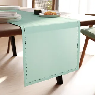 Encasa XO Tischläufer, Baumwolle, Hohlsaum, Modern 13"x91" | Minzgrün, 180 GSM | Maschinenwaschbar | Strapazierfähig | Esstisch & Outdoor | Rechteckig