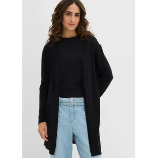 Longstrickjacke BONPRIX, Damen, Gr. 40/42 (M), schwarz, Feinstrick, Obermaterial: 100% Baumwolle, unifarben, gerade ca. Mitte Oberschenkel, Rundhals, Strickjacken Longstrickjacke, gerade Passform, unifarben, aus Baumwolle