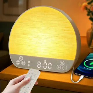JONRRYIN Tageslichtwecker, Aufwachlicht– Bluetooth, Dual-Alarme, dimmbare Uhr, USB-Aufladung, Schlummerfunktion, 37 Schlafgeräusche, 15 Farben, Timer, Nachtlicht für Tiefschläfer Geschenk