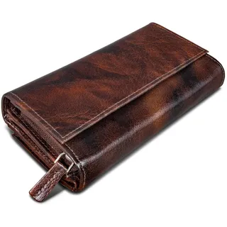 ROYALZ 'Orelia' Vintage Leder Geldbörse für Damen Portemonnaie groß mit vielen Fächern RFID-Blocker Brieftasche Querformat, Farbe:Azorra Braun