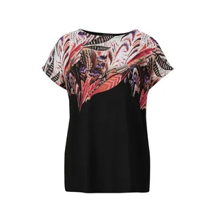 Kurzarmshirt GOLDNER "Elegantes Oberteil mit Ethno-Muster", Damen, Gr. 44, schwarz (schwarz, gemustert), Obermaterial: 100% Viskose CV., figurumspielend, U-Boot-Ausschnitt, Gerade, Shirts Kurzarmshirt, Dekorativer Druck