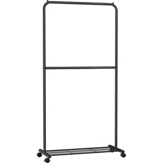 SONGMICS Kleiderständer, Kleiderstange auf Rollen, 2 Stangen, Garderobenständer Metall, Rollgarderobe 91 cm breit, mit Ablage, 2 Rollen mit Bremse, je Stange bis 20 kg belastbar, schwarz HSR027B01