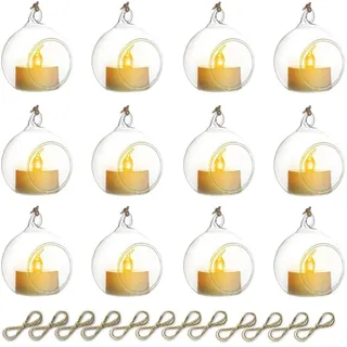 Sziqiqi Glaskugeln zum Aufhängen Teelichthalter Kerzenhalter: 6cm Hängende Teelichthalter Glas 12er Set mit LED für Teelichter - Windlicht Glas Vielseitig für Outdoor Hochzeit Party Weihnachten Decke