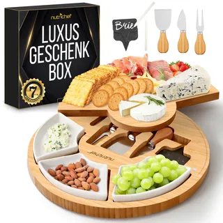 NutriChef Käsebrett Servier-Set – Inklusive Schneide-Messer, Keramik-Schalen, Kreidemarker und Schiefertafeln, Fleckenresistent & Einfach zu Reinigen, Rundes Präsentations- & Servier-Tablett