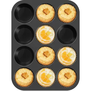 Ankway Muffin Backform, Antihaft Muffinblech 12er, Muffinform Silikon mit Metallverstärktem Rahmen, BPA frei Muffinformen für Cupcakes, Brownies, Kuchen, Pudding 32 x 24 x 3 cm, schwarz