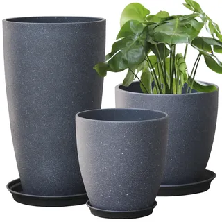 Garten Dekorative Pflanzkübel Kunststoff Hohe runde Blumentöpfe Zementgraue Oberfläche Lackierung Robust und geruchsneutral, moderne Pflanzkübel für Veranda Terrasse und alle Zimmerpflanzen 3er-Set