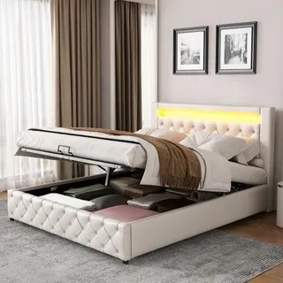 Funktionsbett aus PolyurethanMaterial, 160 x 200 cm, weiß, mit Aufbewahrungsraum und LED-Beleuchtung. - Weiß