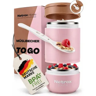 Netrox Müslibecher To Go mit Löffel, Joghurtbecher aus Edelstahl | Auslaufsicherer Lunchbox-Becher, To Go Becher für Müsli, Joghurt, Porridge, Suppen, Müsli To Go Becher für Kinder