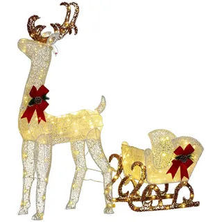 LED Rentier und Schlitten Weihnachtsdeko mit 170 Lichtern, Weihnachtsbeleuchtung Hirsch Deko für Indoor, Outdoor, Weiß Aosom - Weiß, Rot