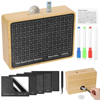 Selizo Spardose Holz,Sparbox mit Zahlen Ankreuzen,Sparbox with Ziel,Spardose mit zähler Zum Ankreuzen,Sparschwein mit Sparziel,Spardose €500 €1,000 €2,000 €3,000 €5,000 Euro Keine Montage