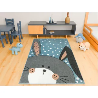 AKCILA Lima Kinderteppich Blau Grau mit Hase und Punkten 140x190 cm | Teppich für Kinderzimmer, niedliches Hasenmotiv in Pastellfarben, süßer Teppich für das Kinderzimmer mit Fußbodenheizung