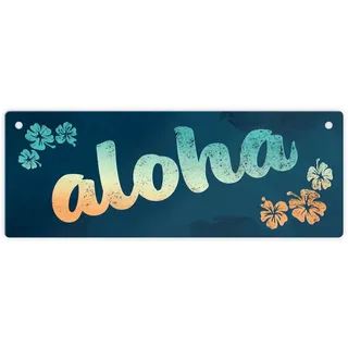 Metallschild L in 10,5x28cm mit Hawaii Design und Schriftzug - Aloha mit kleinen Blumen