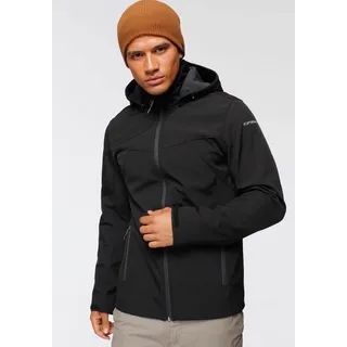 Softshelljacke ICEPEAK "ICEPEAK BRIMFIELD", Herren, Gr. 50, schwarz, Softshell, Obermaterial: 89% Polyester, 11% Elasthan. Rückseite: 100% Polyester, normal, hoch geschlossener Ausschnitt, mit verstellbarem Klettverschluss, Jacken Softshelljacke, mit abnehmbarer Kapuze, winddicht, wasserabweisend, atmungsaktiv