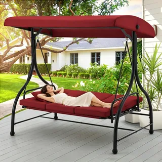 YODOLLA 3-Sitzer Hollywoodschaukel mit Liegefunktion, Verandaschaukel mit Verstellbarer Rückenlehne und Baldachin, Gartenschaukel für die Terrasse mit Kissen Schaukelbett, Rot