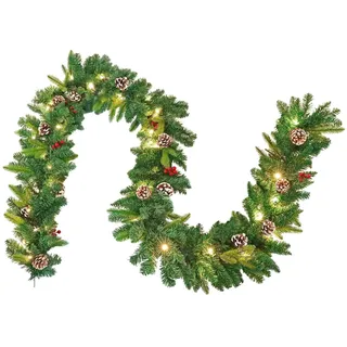 Aufun Weihnachtsgirlande 5m künstlich mit Beleuchtung Deko, Tannengirlande mit Rote Beere Tannenzapfen 75 LEDs Warmweiß 8 Modus Lichterketten, für Haus Treppen Kamin Haustür Innen Außen