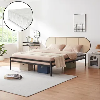 Metallbett 'Linköping' mit ovalem Kopfteil und Matratze 160 x 200 cm Schwarz / Rattanoptik - Schwarz