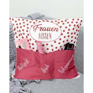 KAMACA Originelles Dekokissen Kissen mit 3 Taschen zum selbst Befüllen und Spruch Größe 43x43 cm tolles Geschenk für Anlässe wie z.B. Geburtstag (Frauenkissen A)