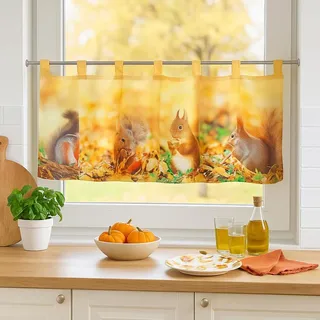 KAMACA Herbstliche Bistrogardine 45x120 cm mit Eichhörnchen-Motiv – Dekogardine für Küche & Wohnzimmer, Scheibengardine mit Schlaufen, Landhaus-Stil Fensterdeko (Eichhönchen mit Nuss)