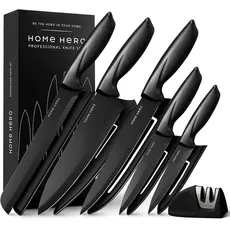 Home Hero Messerset mit Messerschärfer - Scharfe Küchenmesser Set - Messerblock Kochmesser Set Edelstahl Messer Set (5-tlg mit Scheide - Schwarz)