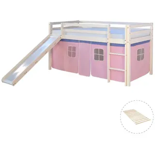 Homestyle4u Hochbett 90 x 200 cm Kiefer massiv lackiert Weiß/Rosa
