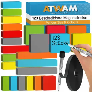 ATWAM - 123 Beschreibbare Magnete - Zubehör MEGA Set - 4 Verschiedene Größen - 6 Magnetstreifen Beschreibbar - Für Whiteboard, Magnettafel, Magnetwand & Kühlschrank
