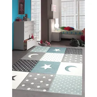 Teppich-Traum Kinderteppich Mond Sterne Punkte Blau Türkis 120x170 cm | Weich und wärmend, pflegeleicht, strapazierfähig, farbecht, seitlich gekettelt, schadstofffrei und OEKO-TEX geprüft