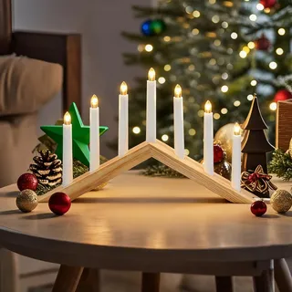 SALCAR LED Schwibbogen Holz Schwibbogen Weihnachten Lichterbogen 52cm mit 7 LED Kerzen Weihnachtsdekorationen