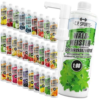 C.P. Sports Getränkesirup zuckerfrei, aspartamfrei, kalorienfrei 1:80 (ca. 80 Liter Fertiggetränk) + Dosierpumpe – Carnitin & Vitamine – Getränkekonzentrat Konzentrat Sirup – Eistee-Kirsche