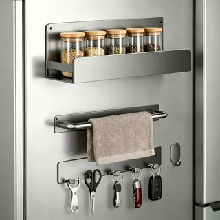 Cozary Magnetisches Gewürzregal Set 4-teilig – Kühlschrank Regal Magnetisch mit Gewürzregal & Küchenrollenhalter Magnetisch, Haken, Magnetic Regale für den Kühlschrank