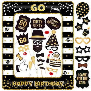 60 Geburtstag Photo Booth 34 Stück Fotorequisiten und 1 Stück Bilderrahmen Aufblasbar Deko 60. Geburtstag Frau Mann Foto Requisiten Geschenke