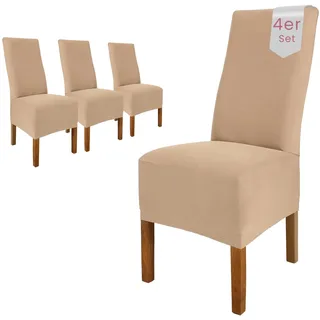 Scheffler Home Stuhlhussen Emma Beige 4er Set aus Jersey Baumwolle – Elastische Stuhlbezüge für Hochlehner und Polsterstühle, waschbar und formstabil, Oeko-TEX Zertifiziert