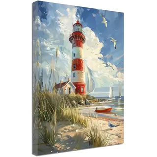 ZQQART Leinwandbild mit Leuchtturm und Ozean rote Streifen Leuchtturm Küstenbild Gemälde Strand Ozean Boot Möwen Bild rustikales Kunstwerk für Wohnzimmer Schlafzimmer Heimwanddekoration (30x45cm)