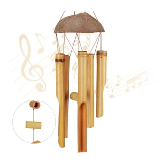 Relaxdays Windspiel Bambus, Holz Klangspiel, wetterfest, für Balkon, Garten, schöner Klang, Feng Shui Deko, 71 cm, Natur