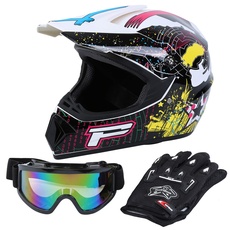 Samger DOT Erwachsener Off Road Helm Motocross Helm Dirt Bike ATV Motorrad Helm Handschuhe Brille (Weiß, L)